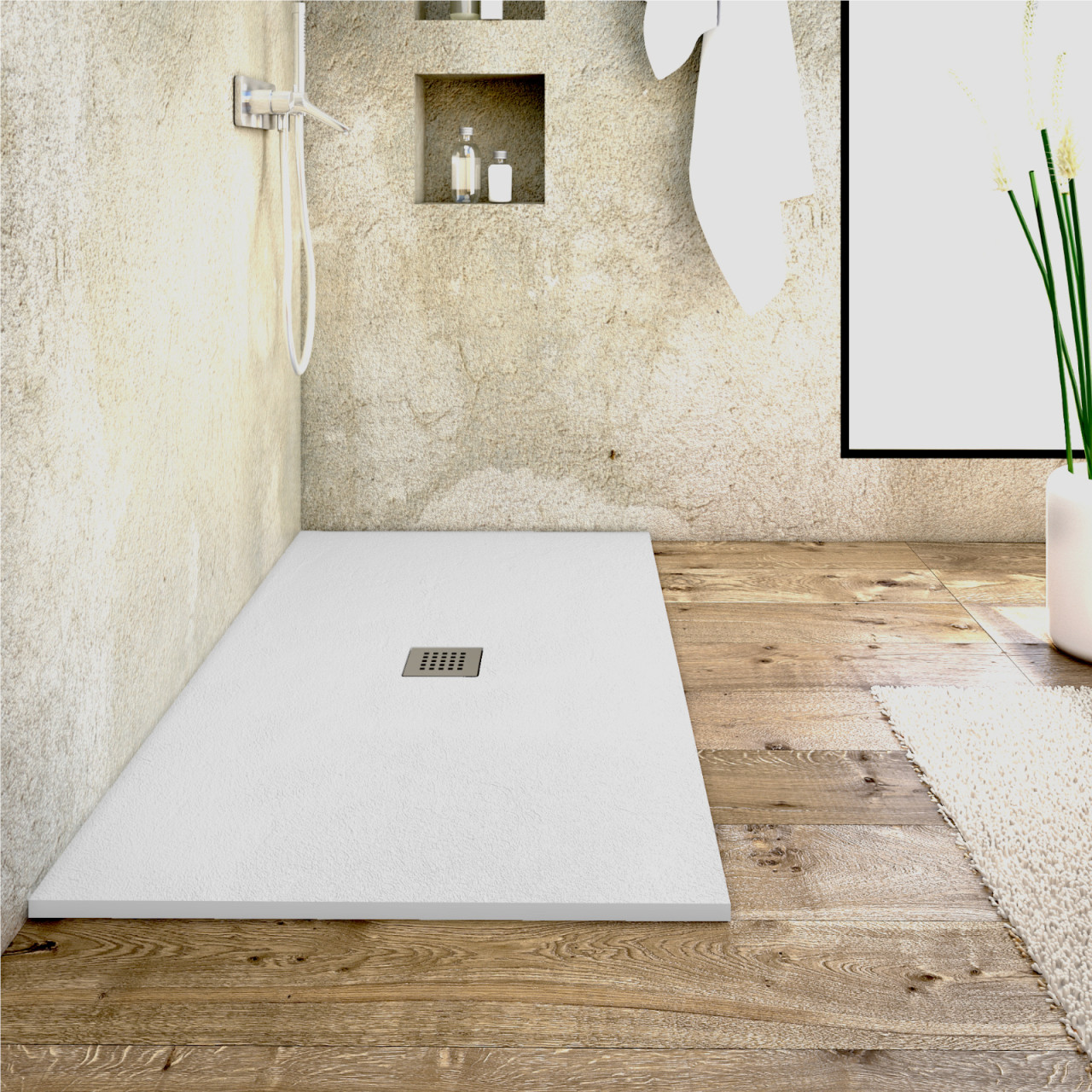 Piatto doccia bianco 70x120 cm in mineral marmo con griglia e piletta di scarico