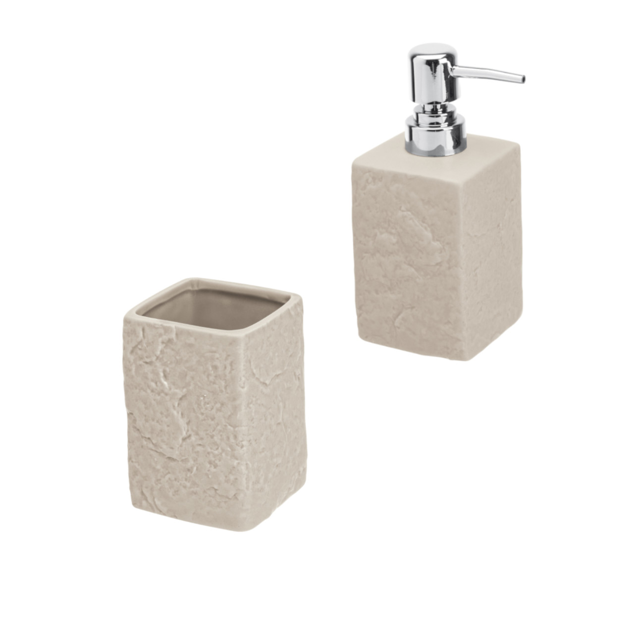 Set accessori bagno artep due pezzi beige effetto pietra con dispenser e portaspazzolini