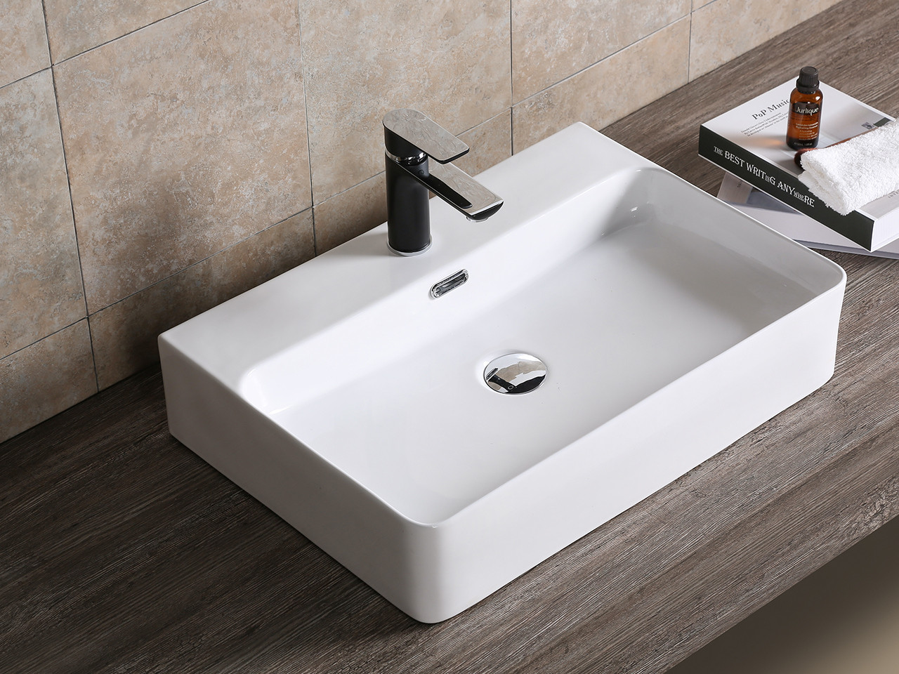 Lavabo da appoggio o sospeso da 90 cm in ceramica bianco lucido