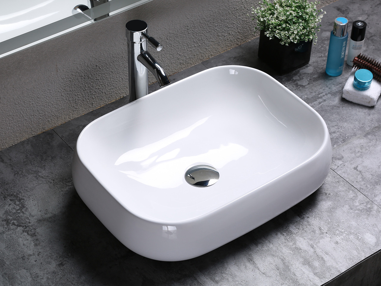 Lavabo da appoggio rettangolare 56x42 cm in ceramica bianco lucido