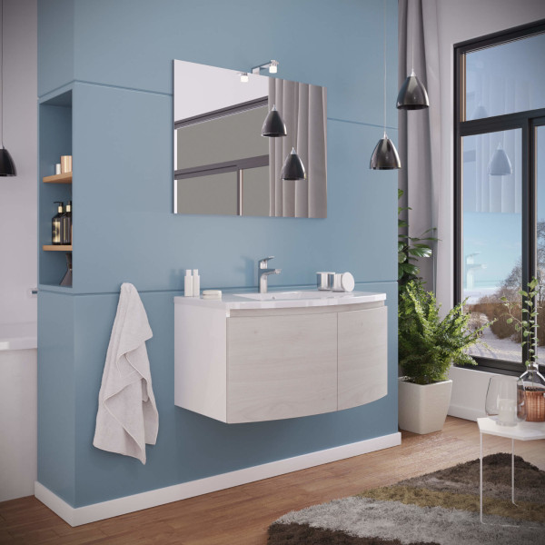 Mobile Bagno sospeso 80 cm bianco venato con lavabo in ceramica specchio e  luce