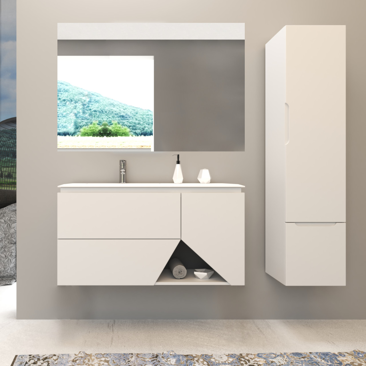 Mobile bagno sospeso 105 cm bianco opaco doppio cassetto e specchio