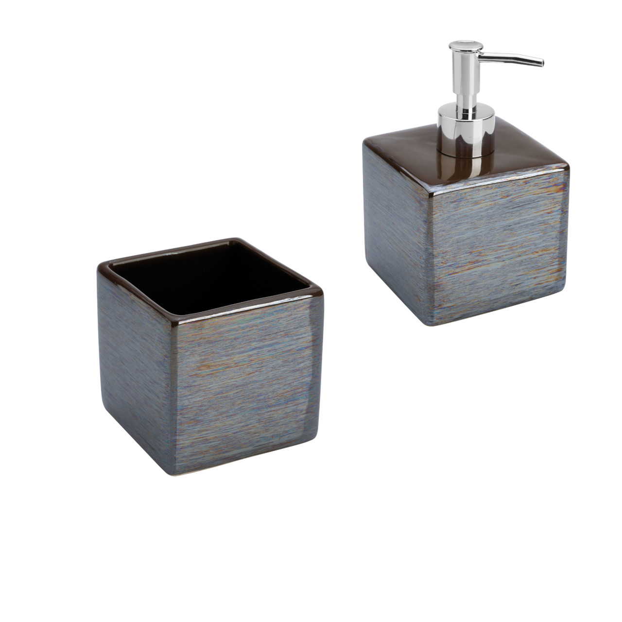 Set accessori bagno cube due pezzi in ceramica grigia con dispenser e portaspazzolini