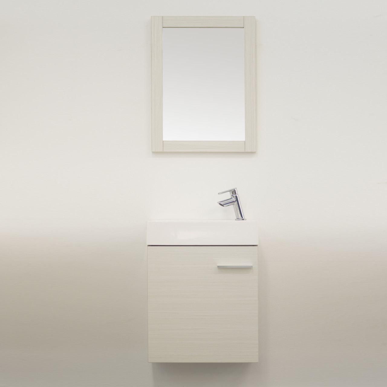 Mobile sospeso bagno 45 cm bianco venato con anta e specchio con cornice