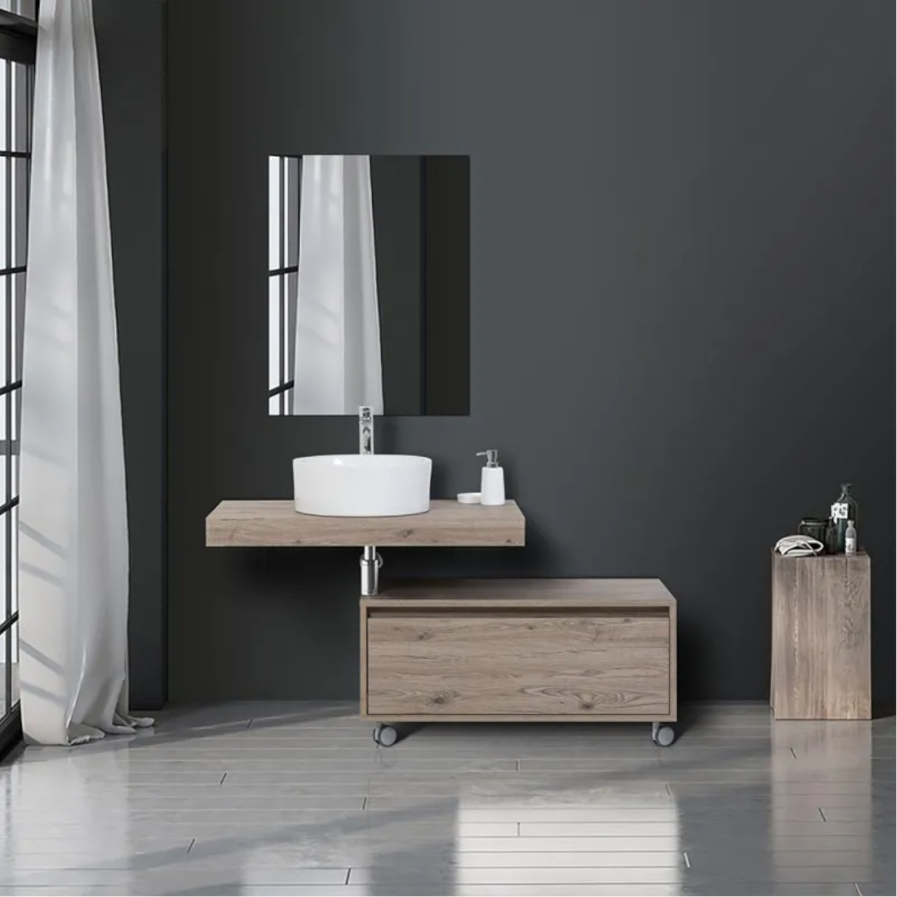 Mensolone bagno castagno da 90 cm con lavabo da appoggio in ceramica