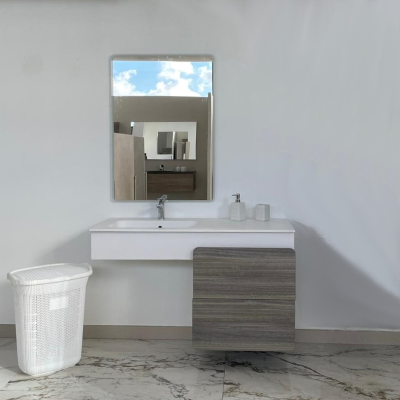 Mobile bagno sospeso 120 cm doppio cassetto effetto legno grigio con specchio filolucido