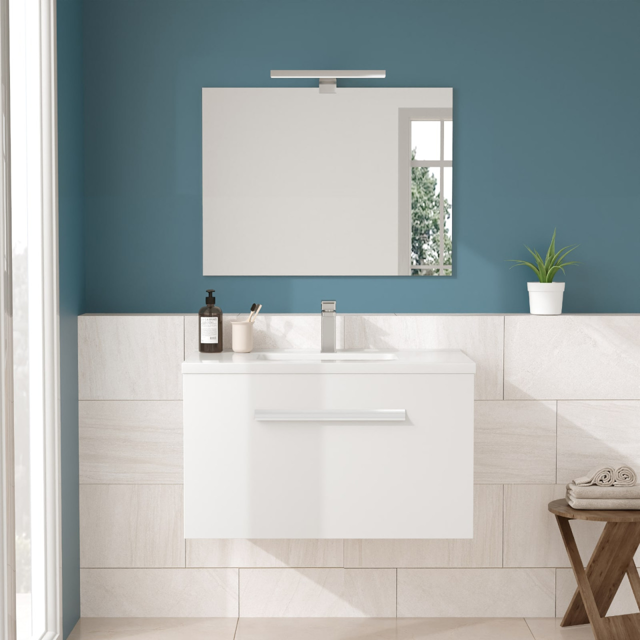 Mobile bagno sospeso 60 cm bianco lucido cassetto singolo con specchio e lampada | aura