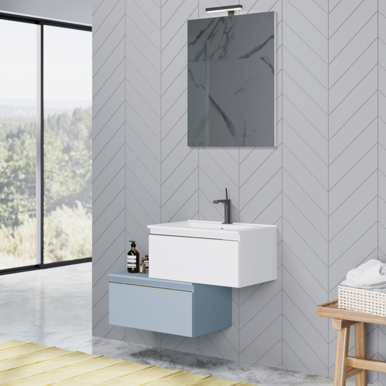 Mobile bagno sospeso da 80 cm bianco opaco con cassettone blu pastello e specchio filo lucido