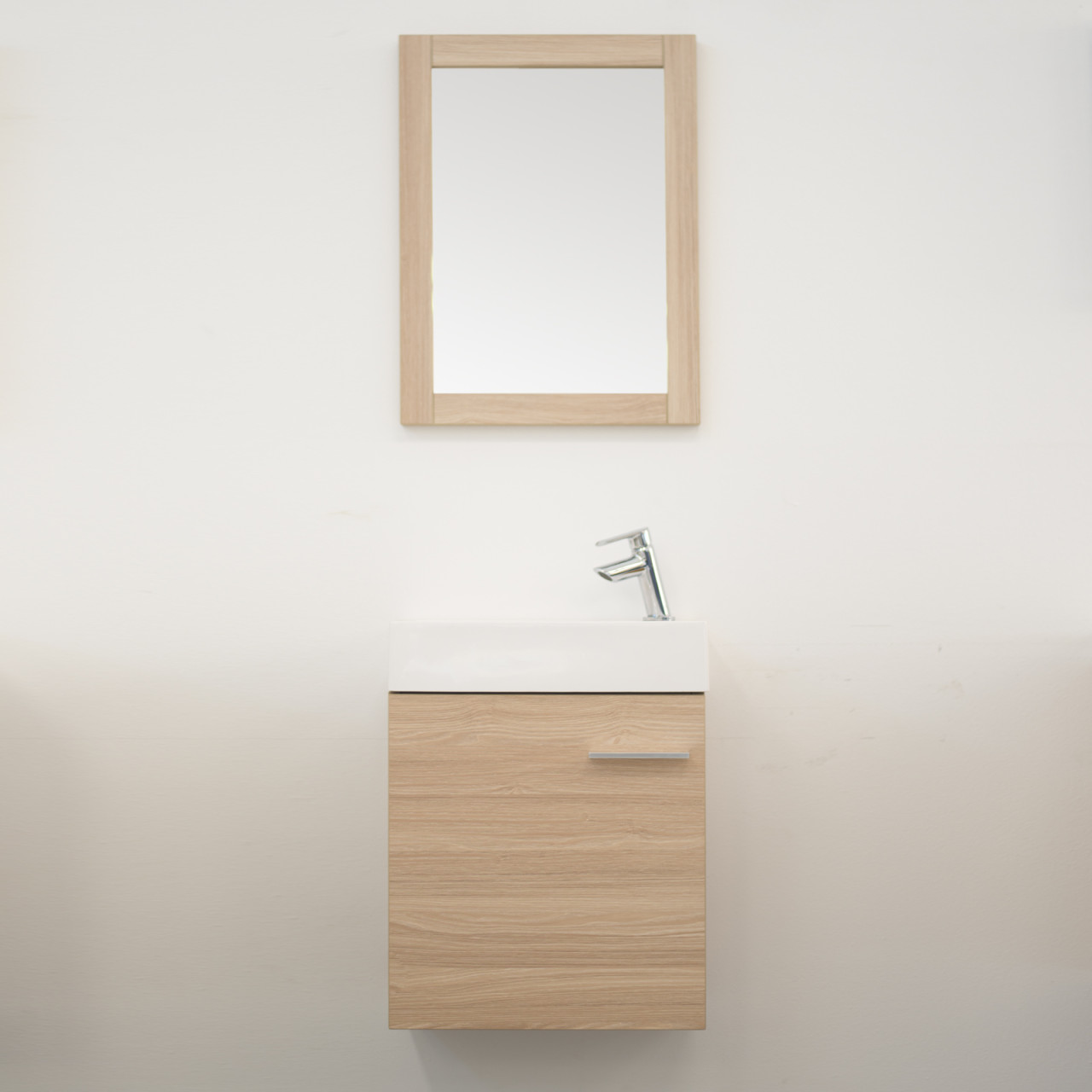 Mobile sospeso bagno 45 cm rovere chiaro con anta e specchio con cornice