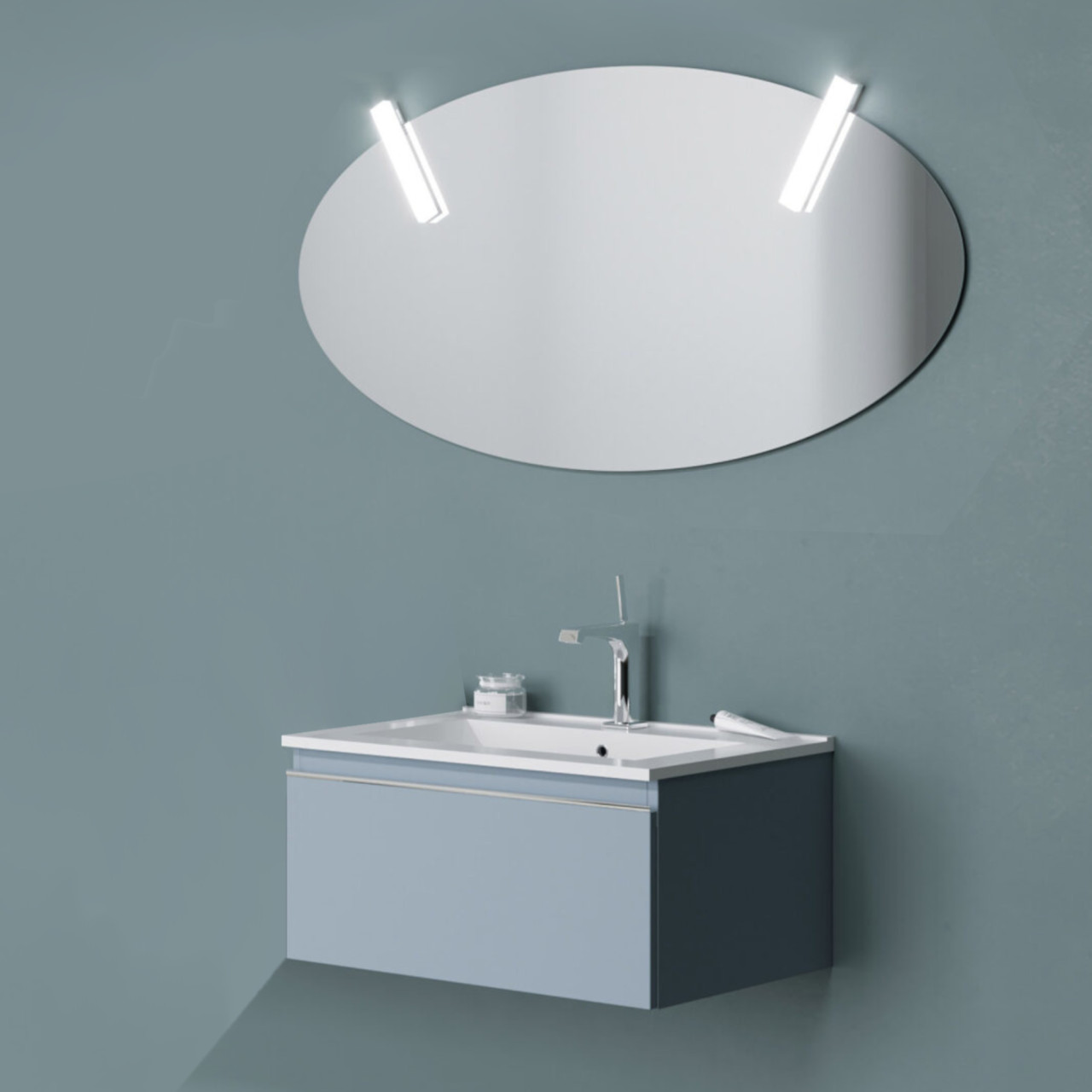 Mobile sospeso da 80 cm blu pastello con singolo cassettone e lavabo in ceramica