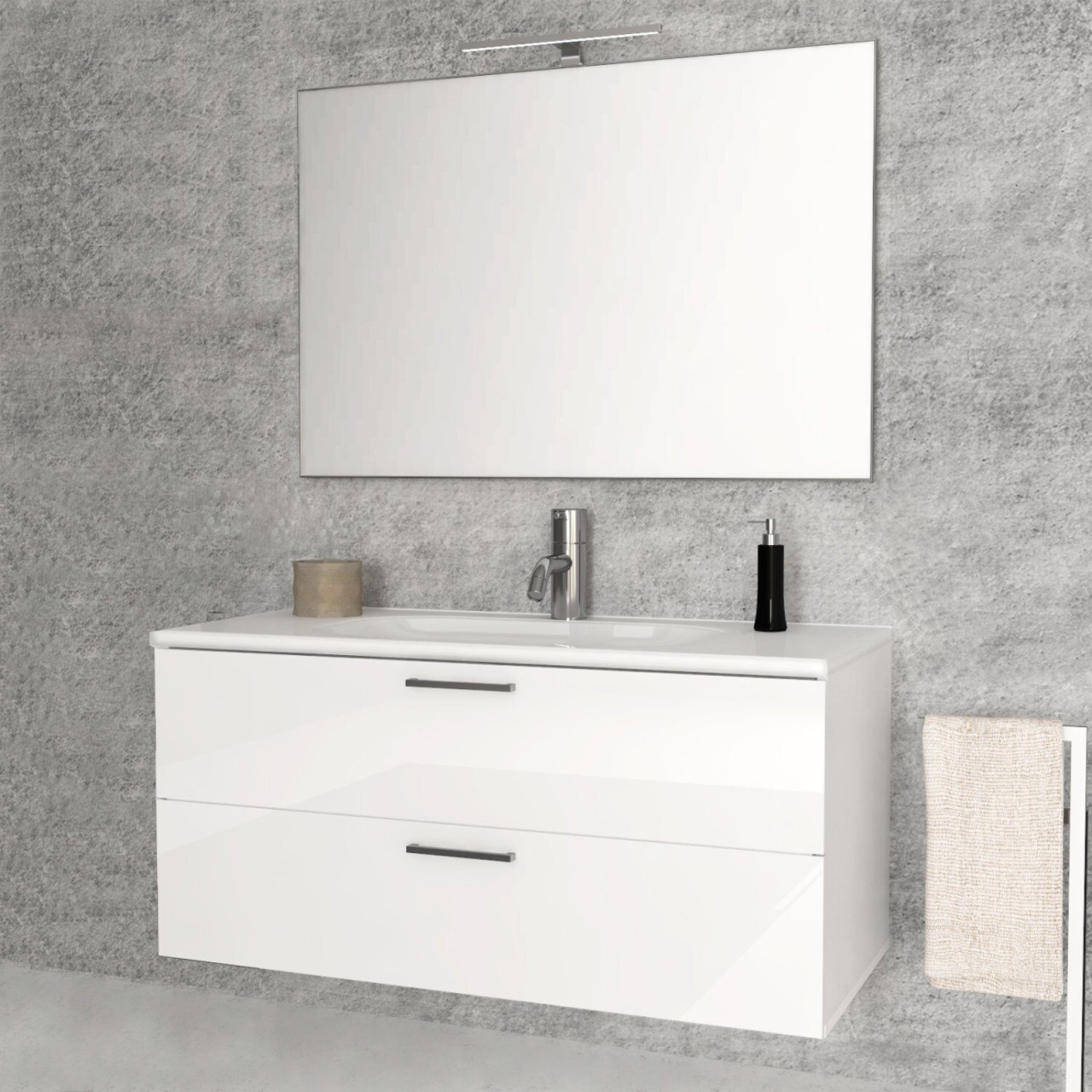 Mobile bagno sospeso alice da 100 cm bianco lucido con specchio e lampada
