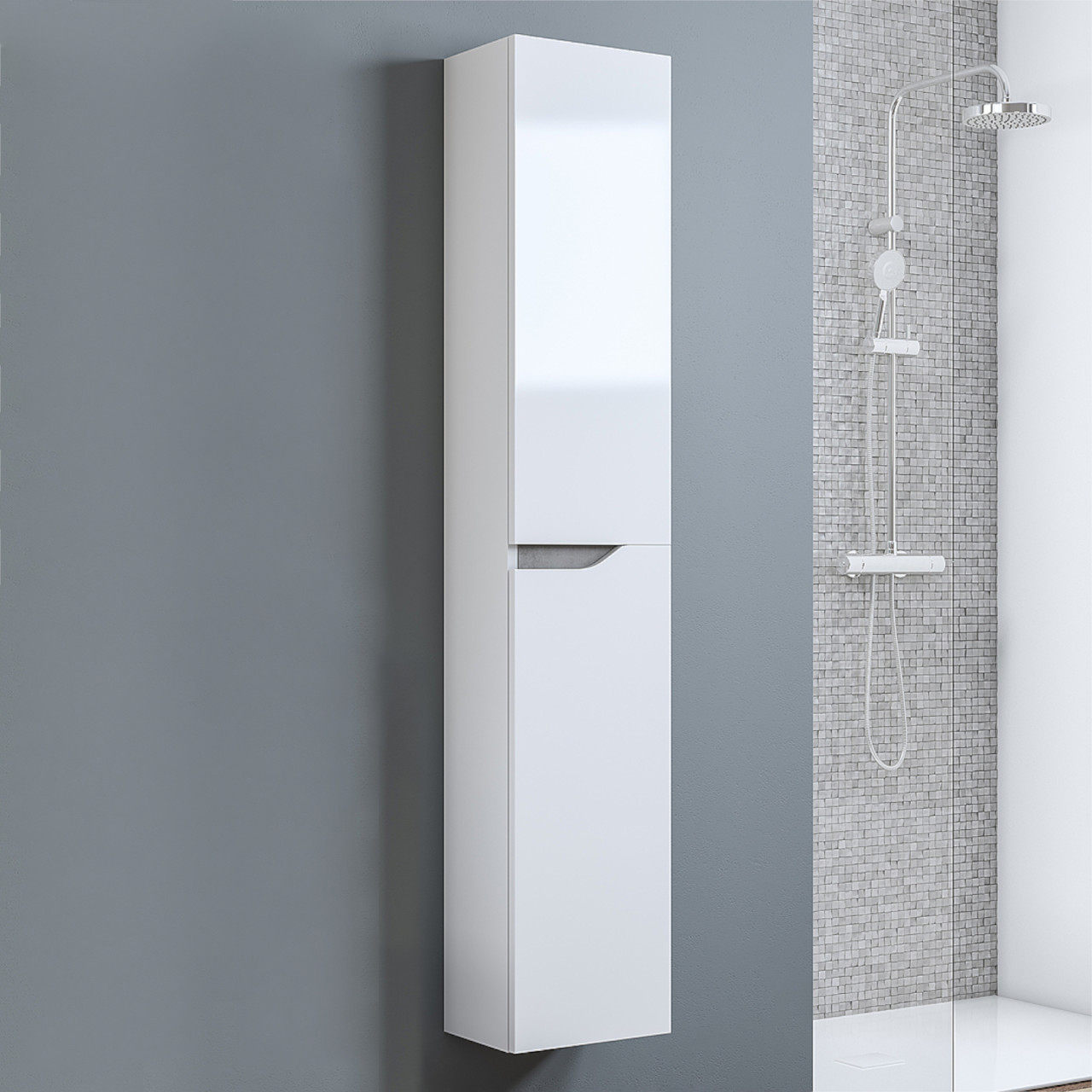 Colonna bagno sospesa h.160 cm bianco lucido e cemento con due ante