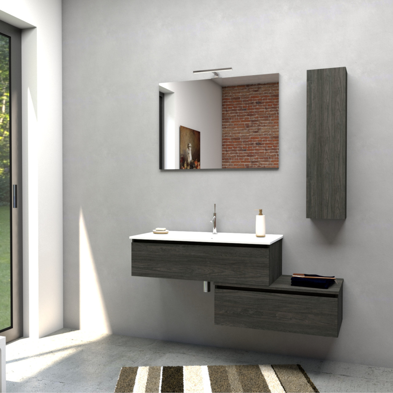 Mobile bagno da 80 cm doppio cassettone sfalsato olmo onyx con specchio e lampada led