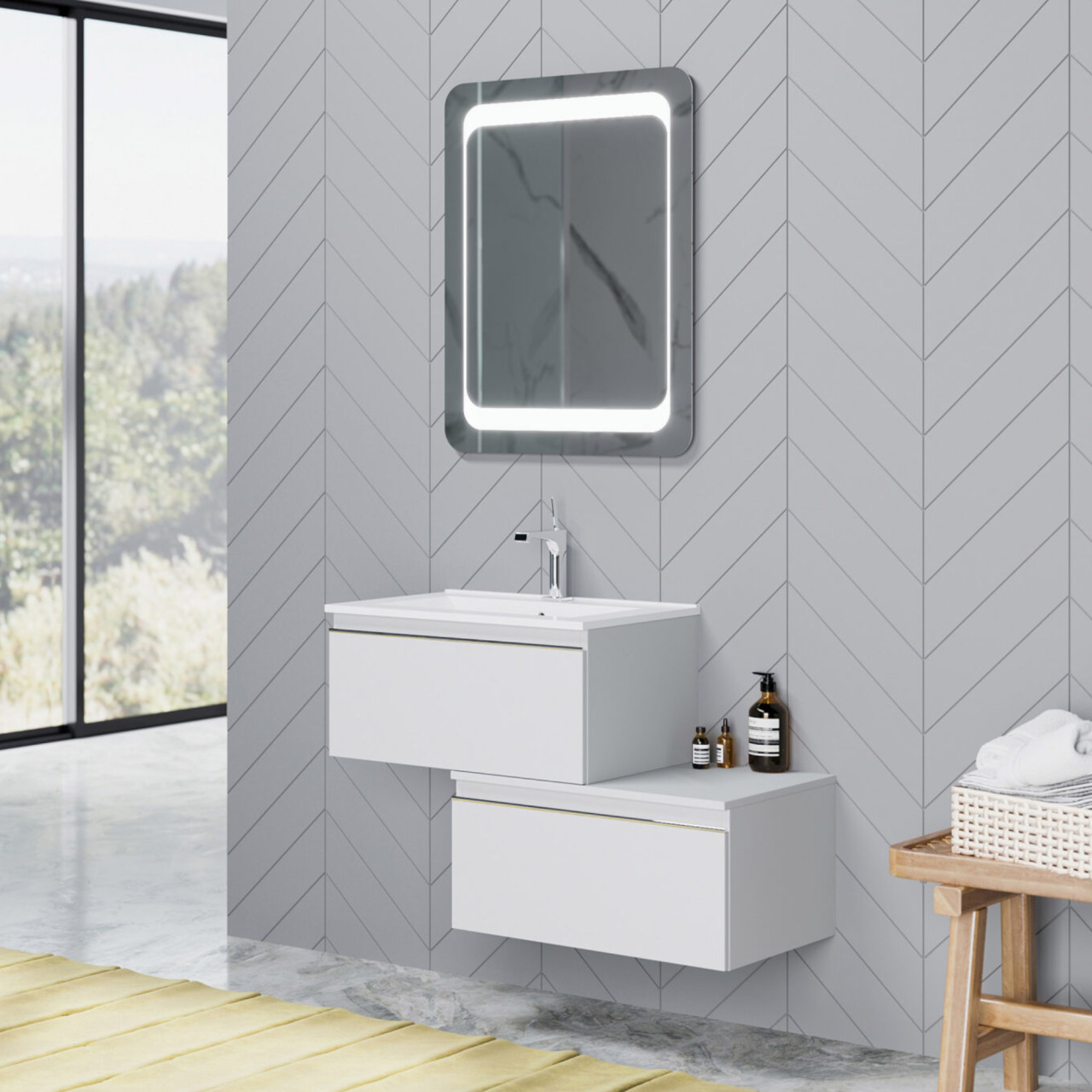 Mobile bagno sospeso da 80 cm doppio cassettone sfalsato bianco opaco con specchio filo lucido