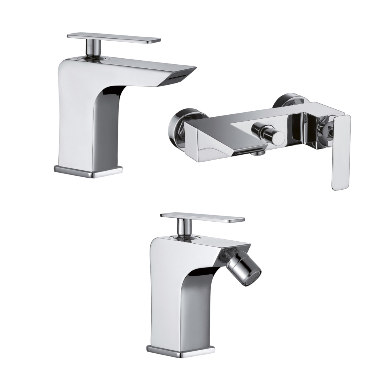 Set miscelatori bagno quaranta toce lavabo bidet ed esterno vasca con doccino in ottone cromo