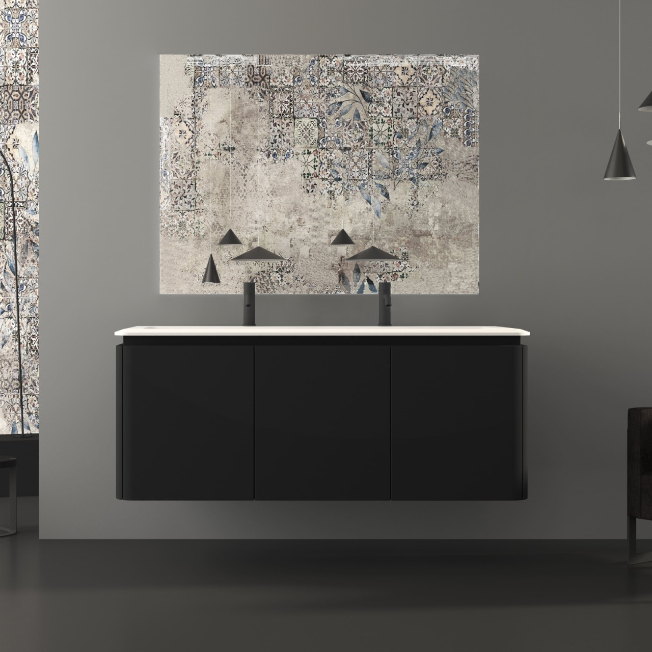 Mobile bagno sospeso cindy 140 cm nero grafite con quattro cassetti e specchio