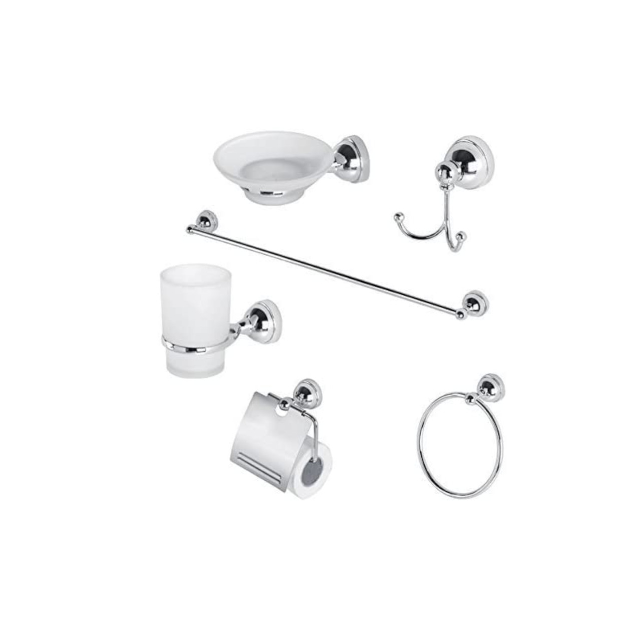 Set accessori bagno da sei pezzi in acciaio inox cromato e vetro