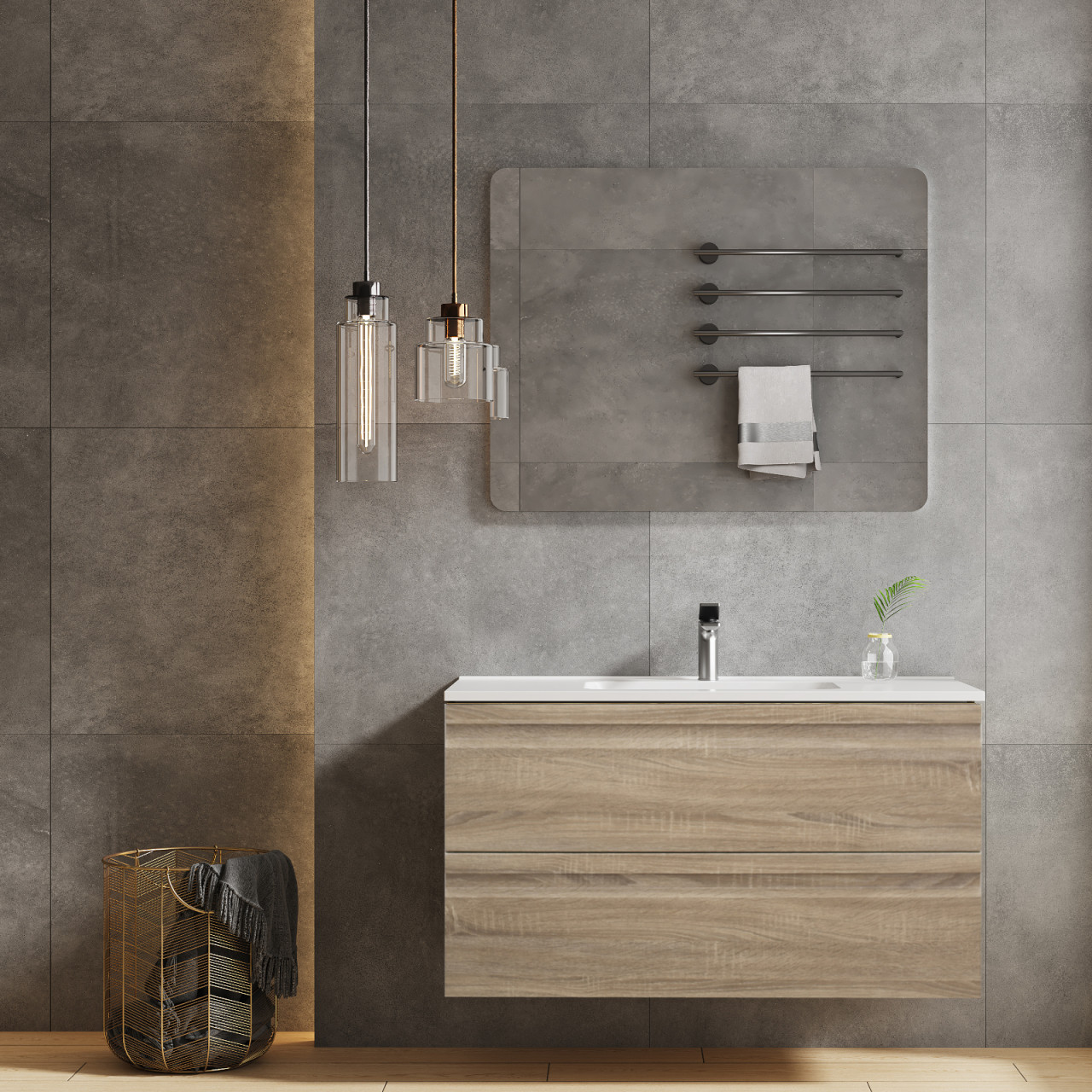 Mobile bagno sospeso 100 cm rovere naturale doppio cassetto e specchio filolucido