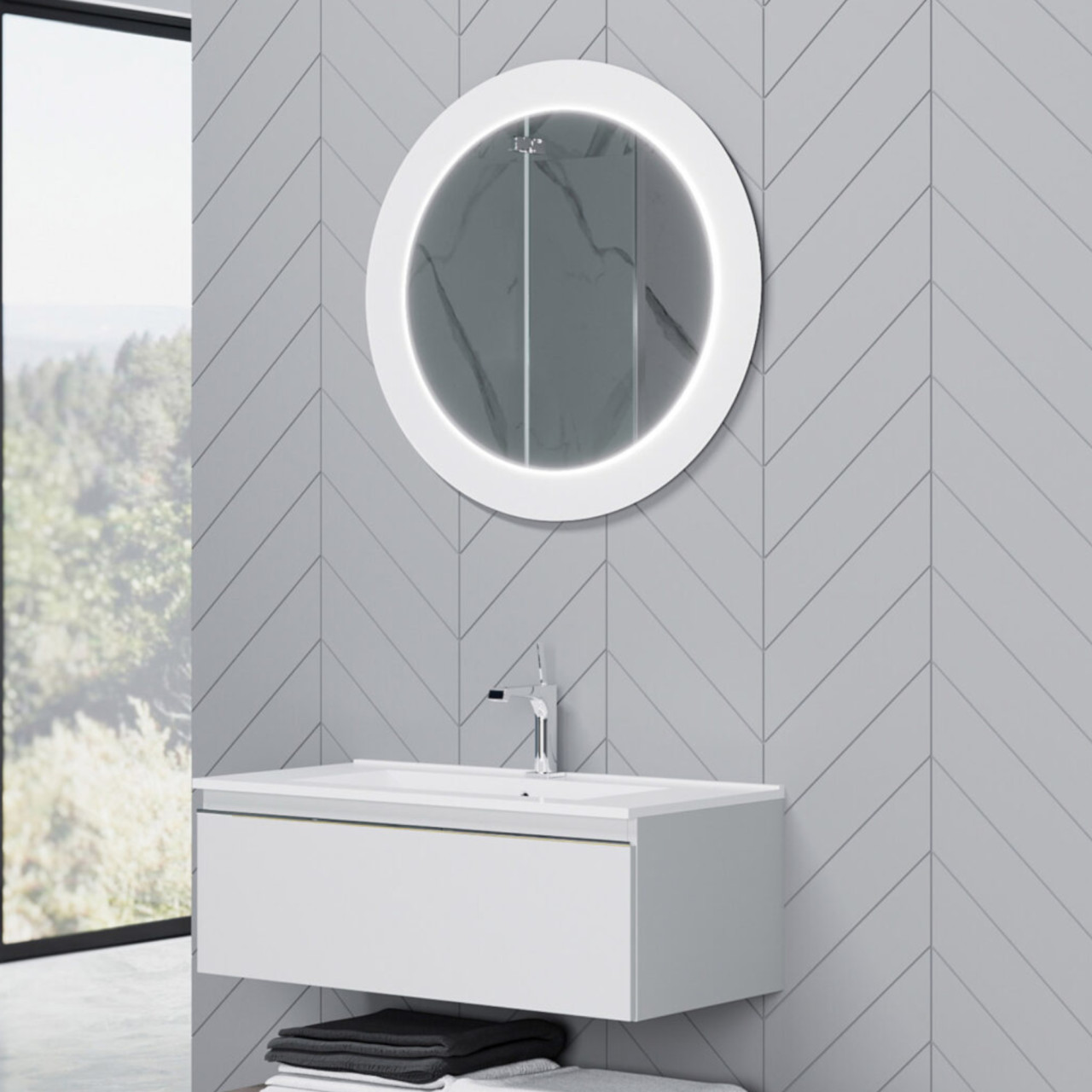 Mobile bagno sospeso da 80 cm con singolo cassettone bianco opaco e lavabo in ceramica