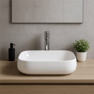 Euroceramica - Lavabo da appoggio rettangolare 56x42 cm - Ceramica bianco lucido