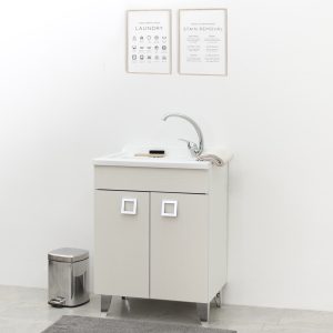 Mobile lavatoio 60x50 cm bianco venato con vasca in polipropilene e asse lavapanni