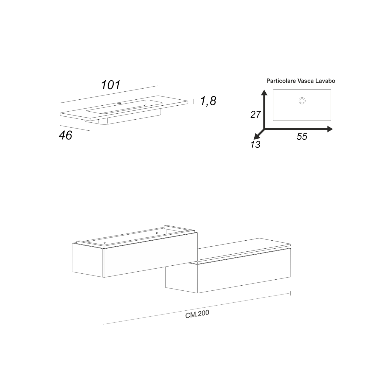 Mobile bagno da 100 cm rovere bianco con doppio cassettone e specchio