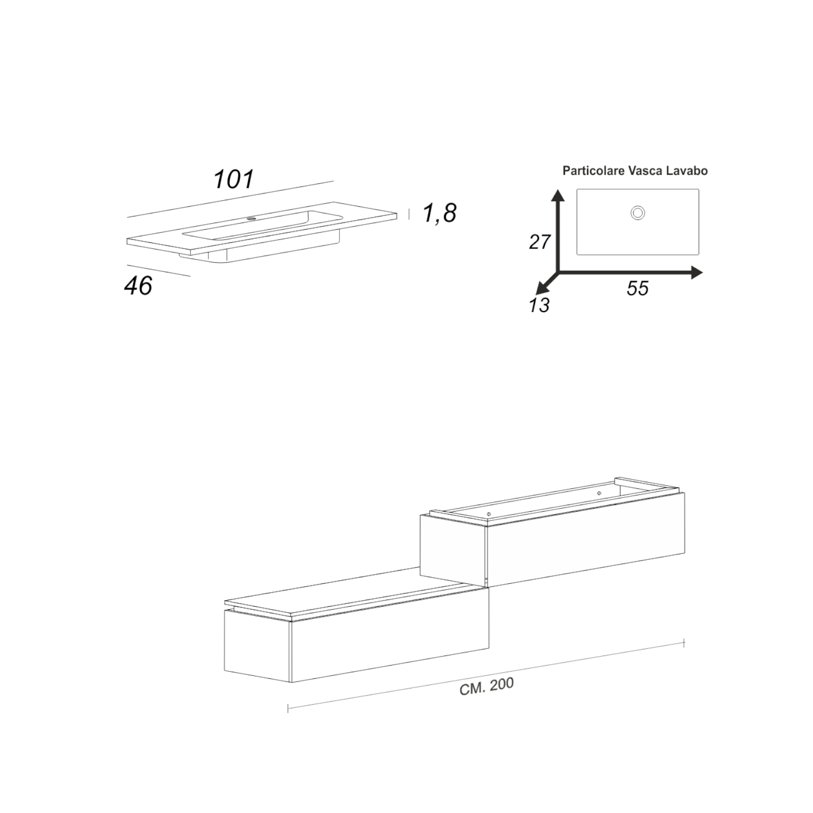 Mobile bagno da 100 cm rovere bianco con doppio cassettone e specchio