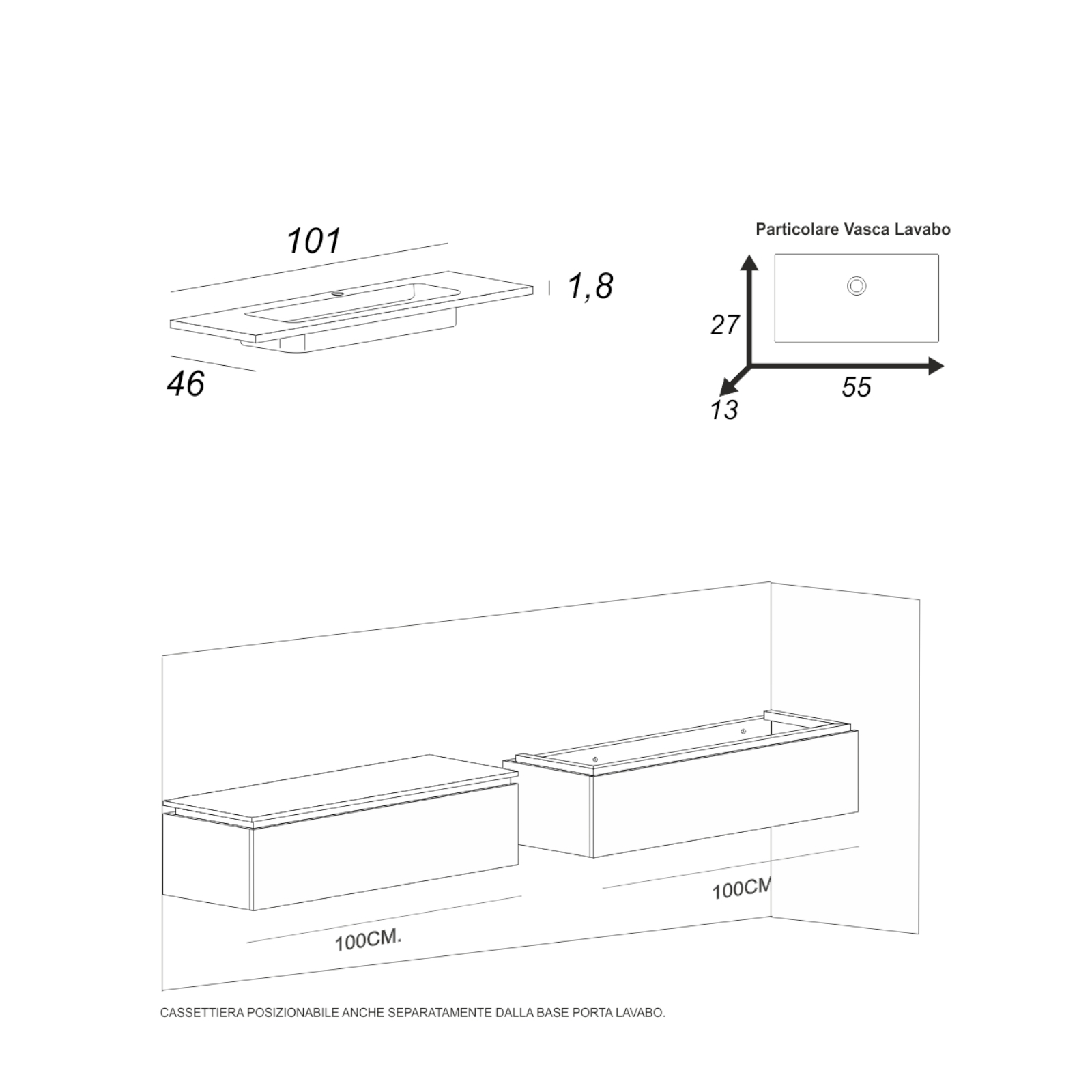 Mobile bagno da 100 cm rovere bianco con doppio cassettone e specchio