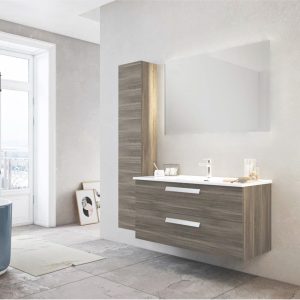 Mobile bagno sospeso rovere scuro 100 cm doppio cassetto e specchio | Angela